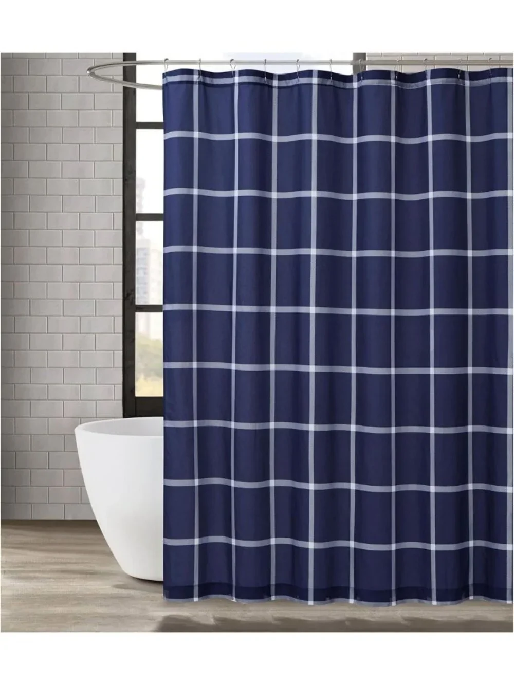 Geometric Printed White & Navy Shower Curtain - Soft Polyester, Oeko-TEX